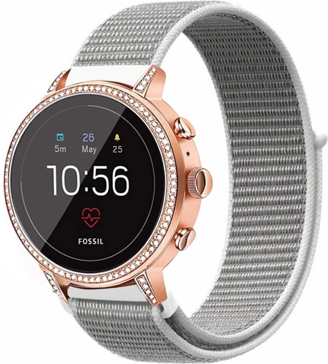 Strap-it Nylon smartwatch bandje 18mm geschikt voor Fossil Gen 6 42mm / Gen 5e 42mm - Huawei Watch GT 4 / 5 - 41mm / GT 5 Pro - 42mm - Withings ScanWatch Light / ScanWatch 2 - 38mm / Steel HR - 36mm (zeeschelp grijs)