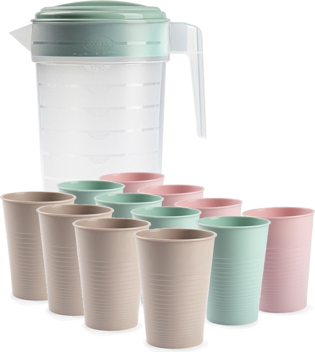 Water of limonade schenkkan/sapkan 2 liter met 12x kunststof mix-colors glazen van 360 ML voordeelset