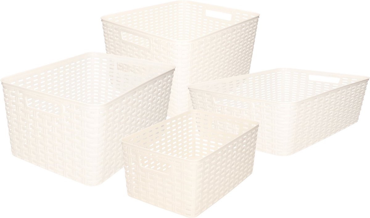 Opbergboxen / opbergmandjes set - 4x stuks - rotan kunststof - wit - met inhoud 10/12/18/28 liter
