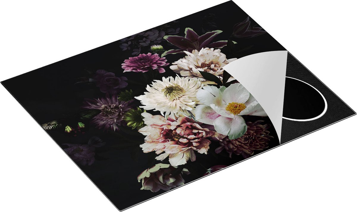 Chefcare Inductie Beschermer Diverse Bloemen op Zwart Achtergrond - 65x50 cm - Afdekplaat Inductie - Kookplaat Beschermer - Inductie Mat