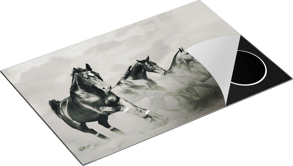 Chefcare Inductie Beschermer Vier Paarden naast Elkaar - Zwart Wit - 80x55 cm - Afdekplaat Inductie - Kookplaat Beschermer - Inductie Mat