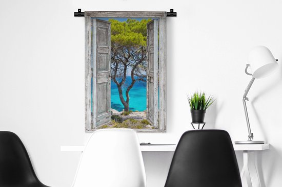 Wandkleed - Wanddoek - Boom - Tropisch - Zee - Doorkijk - Strand - 60x90 cm - Wandtapijt
