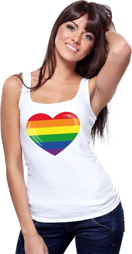 Gay pride singlet shirt/ tanktop met Regenboog vlag in hart wit dames S