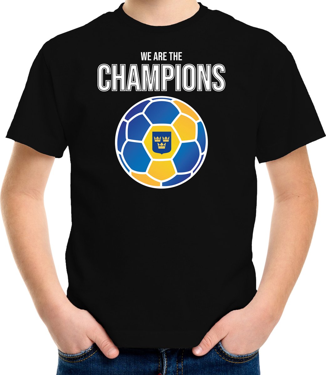 Zweden EK/ WK supporter t-shirt - we are the champions met Zweedse voetbal - zwart - kinderen - kleding / shirt 122/128