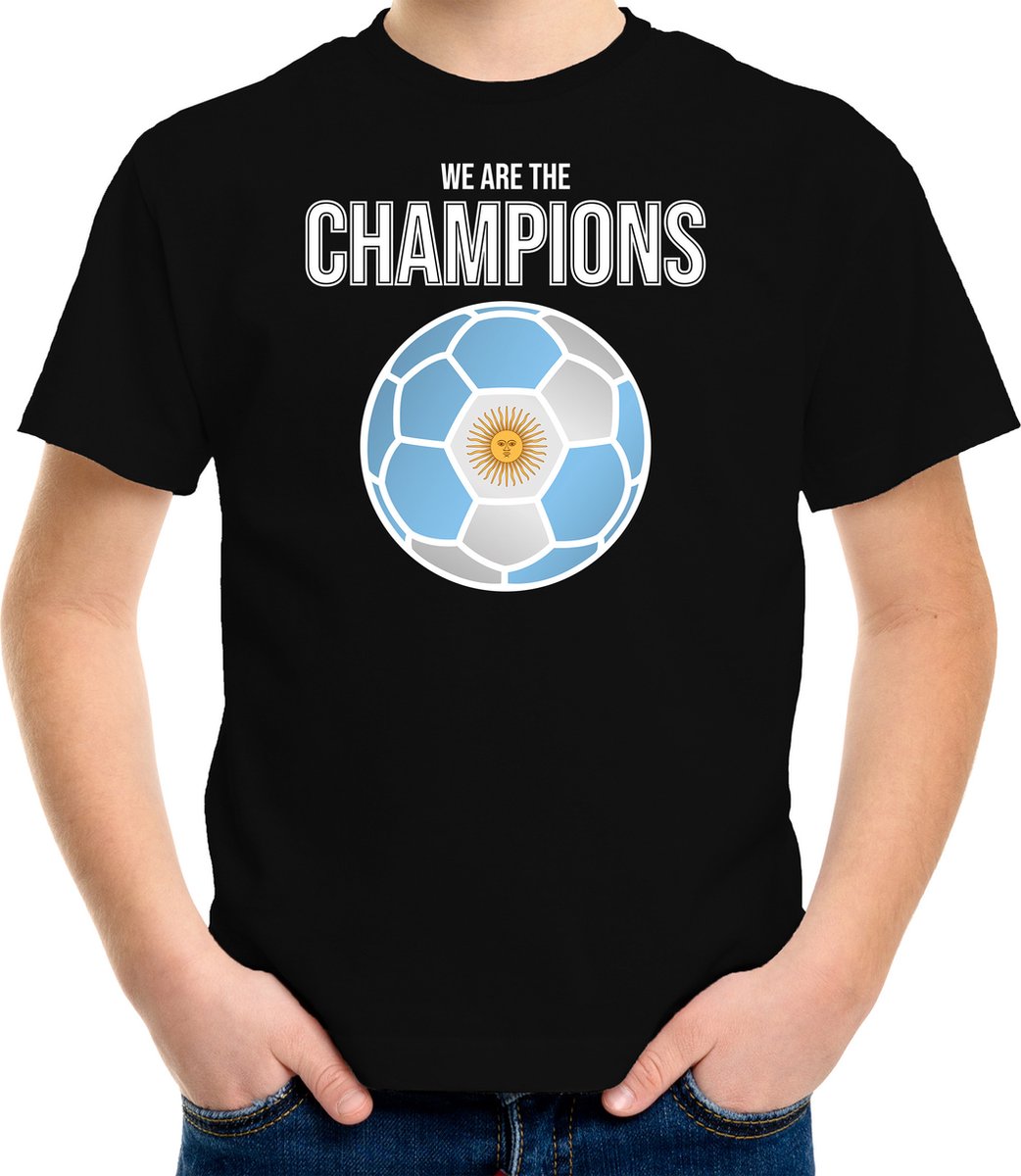 Argentinie WK supporter t-shirt - we are the champions met Argentijnse voetbal - zwart - kinderen - kleding / shirt 158/164
