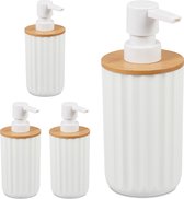 Relaxdays 4x distributeur de savon de salle de bain - rechargeable - distributeur de savon manuel - bambou - blanc