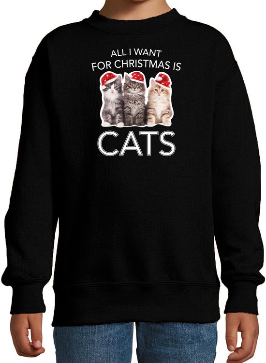 Kitten Kerstsweater / Kerst trui All I want for Christmas is cats zwart