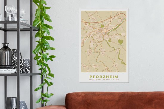 Peinture sur toile Pforzheim - Plan d'étage - Vintage - Plan de la ville - Carte - 60x90 cm - Décoration murale