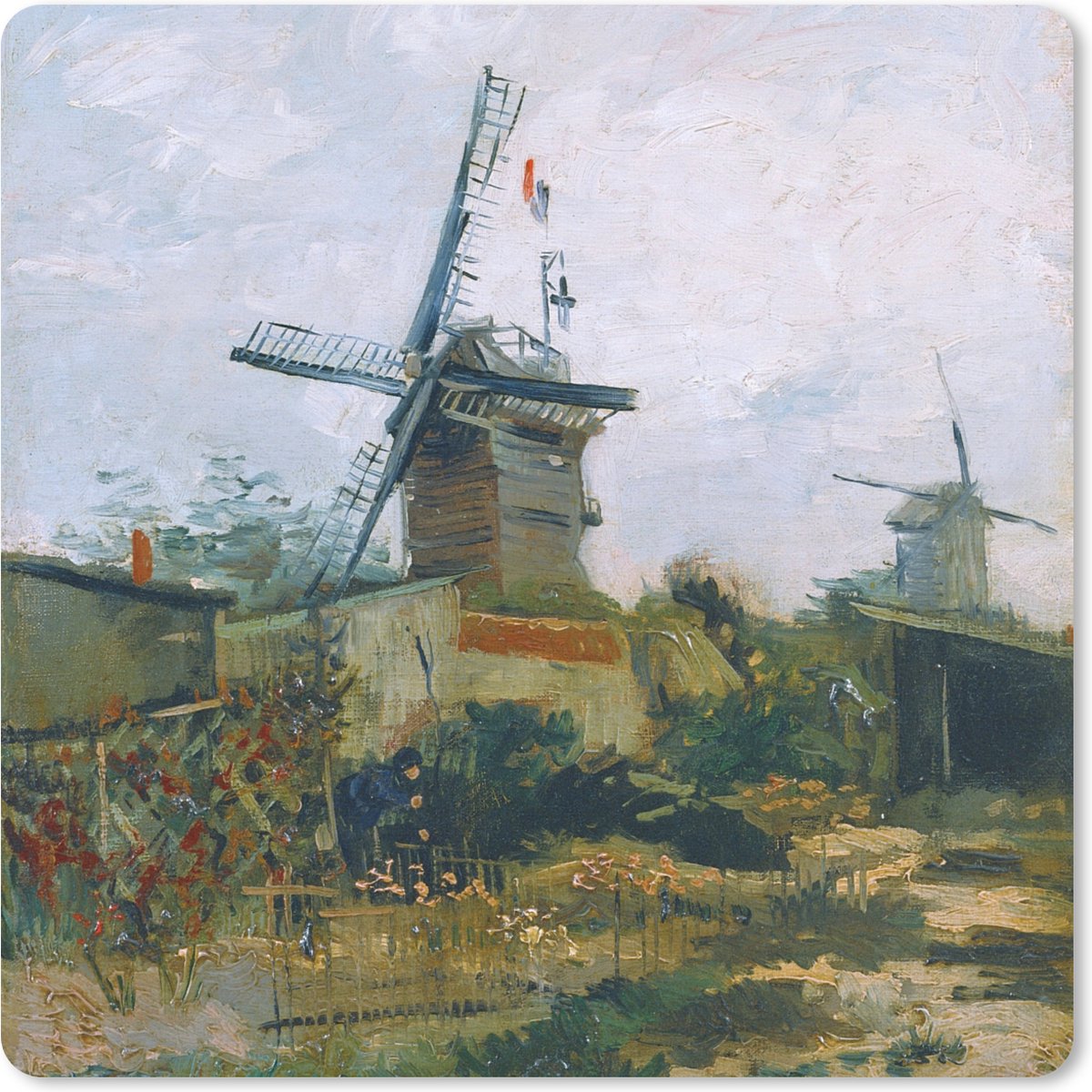 Muismat XXL 50x50 cm - Bureau onderlegger - Bureau mat Molens op de Montmartre - Schilderij van Vincent van Gogh - Bureaumat - Gaming mousepad xl - Bureaulegger groot - Computer deskmat