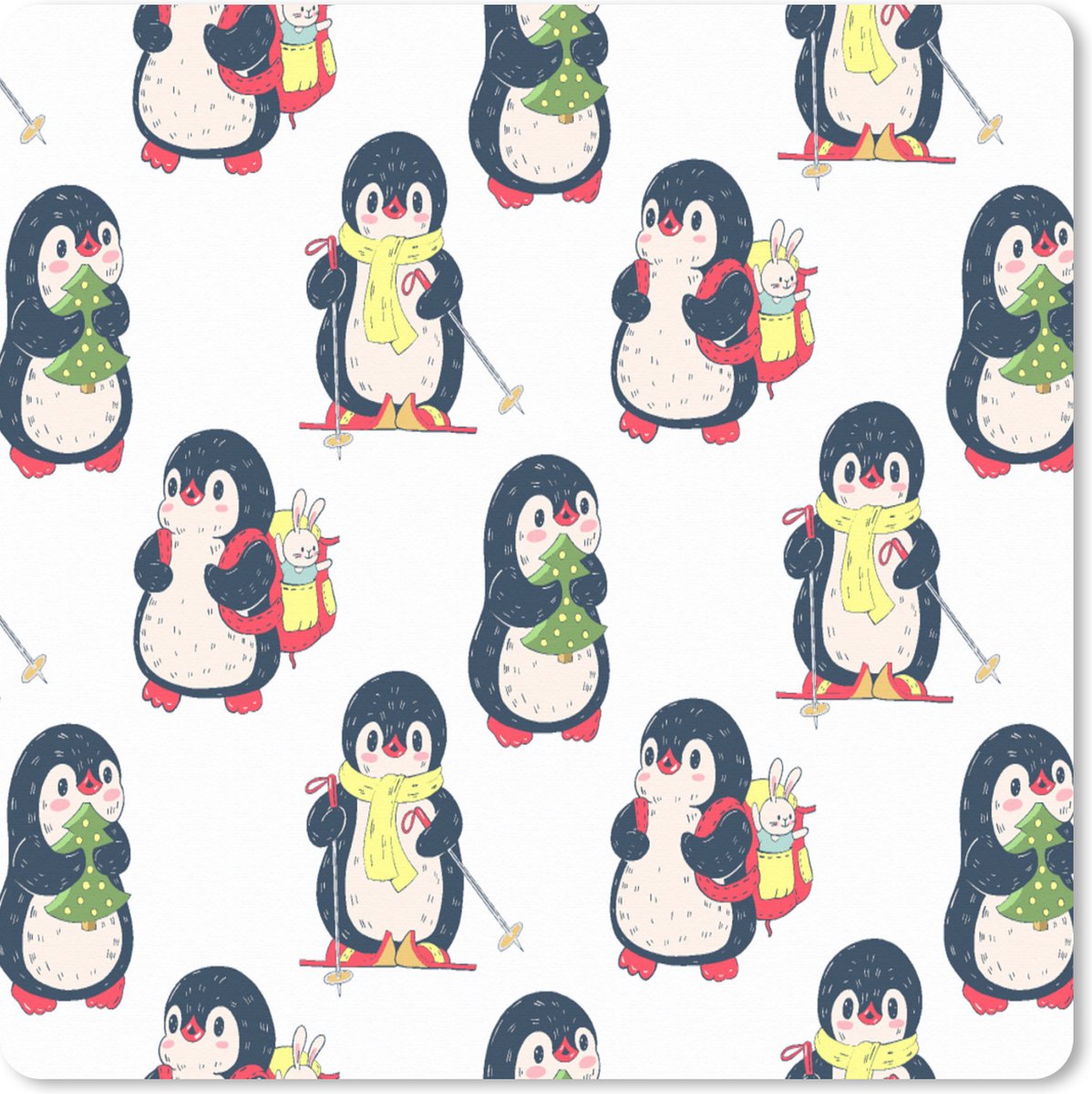 Muismat XXL 60x60 cm - Bureau onderlegger - Bureau mat Pinguïn - Ski - Winter - Kind - Patronen - Bureaumat - Gaming mousepad xl - Bureaulegger groot - Computer deskmat
