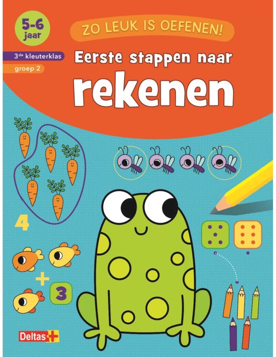 Een kleurrijk oefenboekje 'Eerste stappen naar rekenen' voor 5-6 jarigen, met een groene kikker, wortels, vissen en insecten.