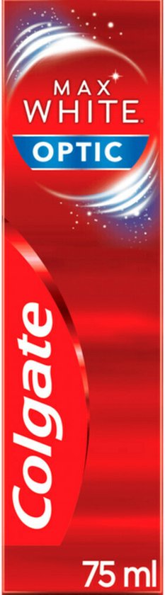Boîte de dentifrice Colgate Max White Optic, 75 ml. Rouge avec un cercle blanc scintillant et du texte.
