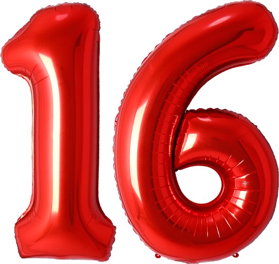Ballon Cijfer 16 Jaar Rood Folie Ballon Verjaardag Versiering Cijfer ballonnen Feest versiering Met Rietje - 36Cm