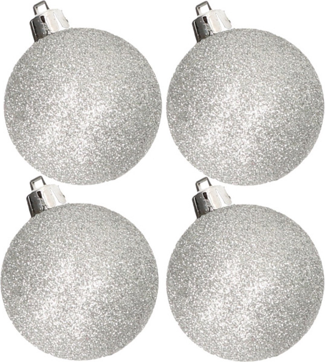 4x stuks kunststof glitter kerstballen zilver 10 cm - Onbreekbare plastic kerstballen