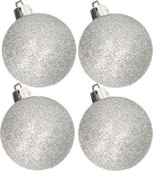 4x stuks kunststof glitter kerstballen zilver 10 cm - Onbreekbare plastic kerstballen