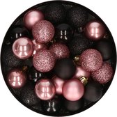 28x stuks kunststof kerstballen oudroze en zwart mix 3 cm - Kerstboomversiering