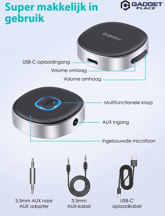 Gadgetplace Bluetooth Receiver Incl. 3.5MM AUX - BT 5.0 - Bluetooth Ontvanger - Handsfree Bellen - Bluetooth Audio Receiver - Bluetooth via AUX van Gadgetplace — afbeelding 5