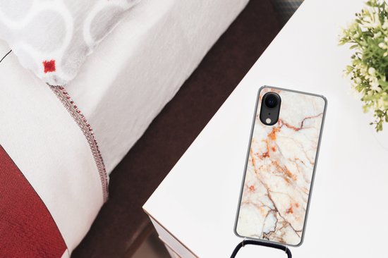 Cordon téléphonique - Chaîne téléphonique - Étui avec cordon Convient pour iPhone XR - Imprimé marbre - Oranje - Pierre - Siliconen - Bandoulière - Étui de téléphone avec cordon