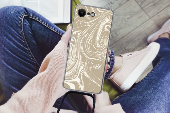 Cordon téléphonique - Chaîne téléphonique - Coque avec cordon iPhone SE 2020 - Marbre - Beige - Wit - Siliconen - Bandoulière - Coque pour téléphone avec cordon