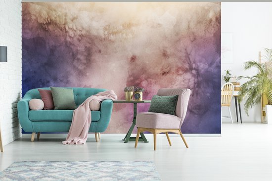 Behang - Fotobehang Waterverf - Bruin - Paars - Oud Roze - Breedte 450 cm x hoogte 300 cm