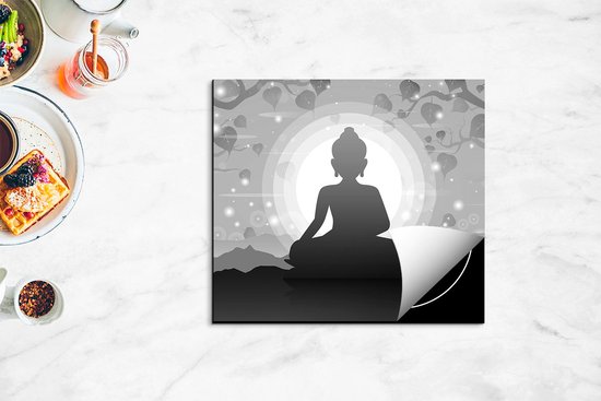 Chefcare Inductie Beschermer Boeddha Beeld onder een Boom - Abstract - Zwart Wit - 60x55 cm - Afdekplaat Inductie - Kookplaat Beschermer - Inductie Mat