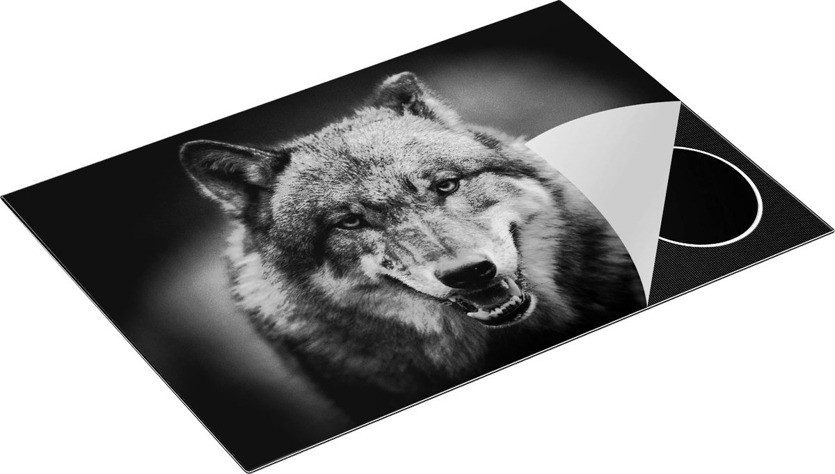 Chefcare Inductie Beschermer Wolvenkop met Blauwe Ogen - Wolf - Zwart Wit - 77x51 cm - Afdekplaat Inductie - Kookplaat Beschermer - Inductie Mat