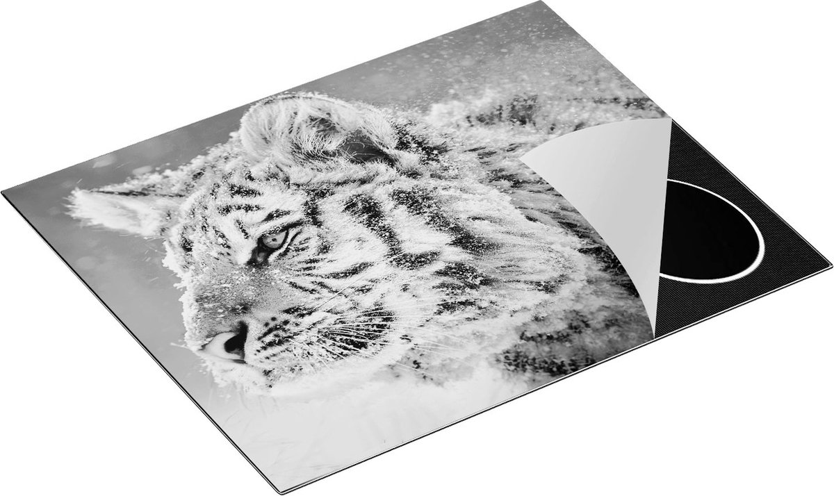 Chefcare Inductie Beschermer Tijger tijdens de Sneeuw - Zwart Wit - 65x52 cm - Afdekplaat Inductie - Kookplaat Beschermer - Inductie Mat