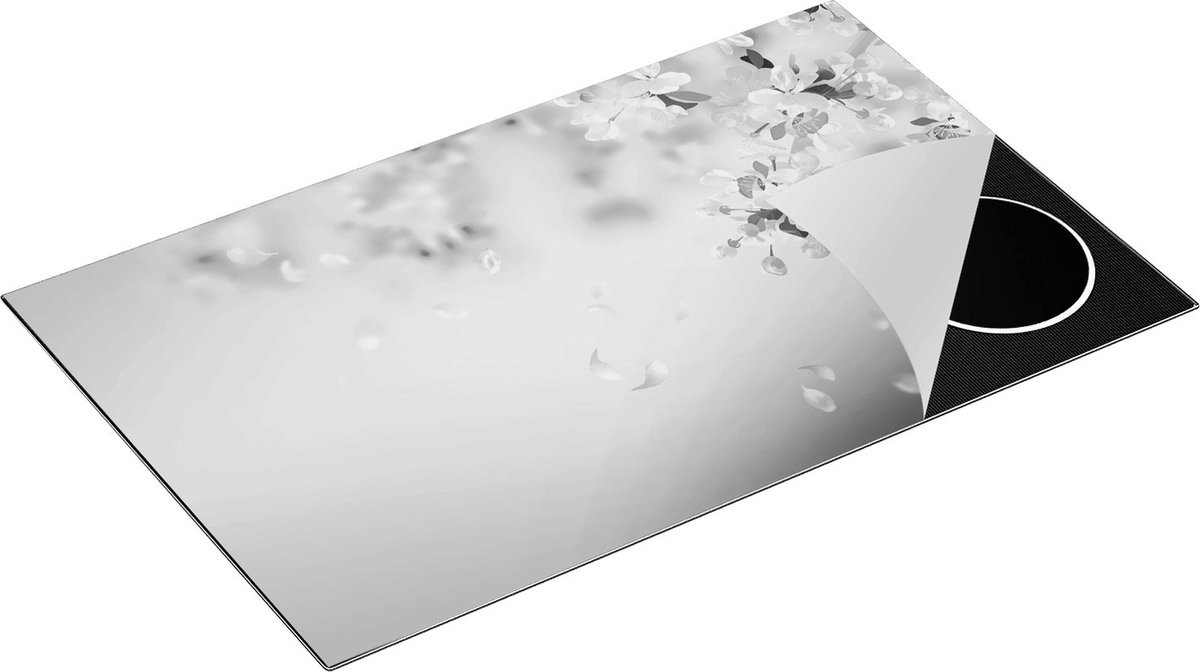 Chefcare Inductie Beschermer Appelbloesem - Bloemen - Zwart Wit - 85x52 cm - Afdekplaat Inductie - Kookplaat Beschermer - Inductie Mat