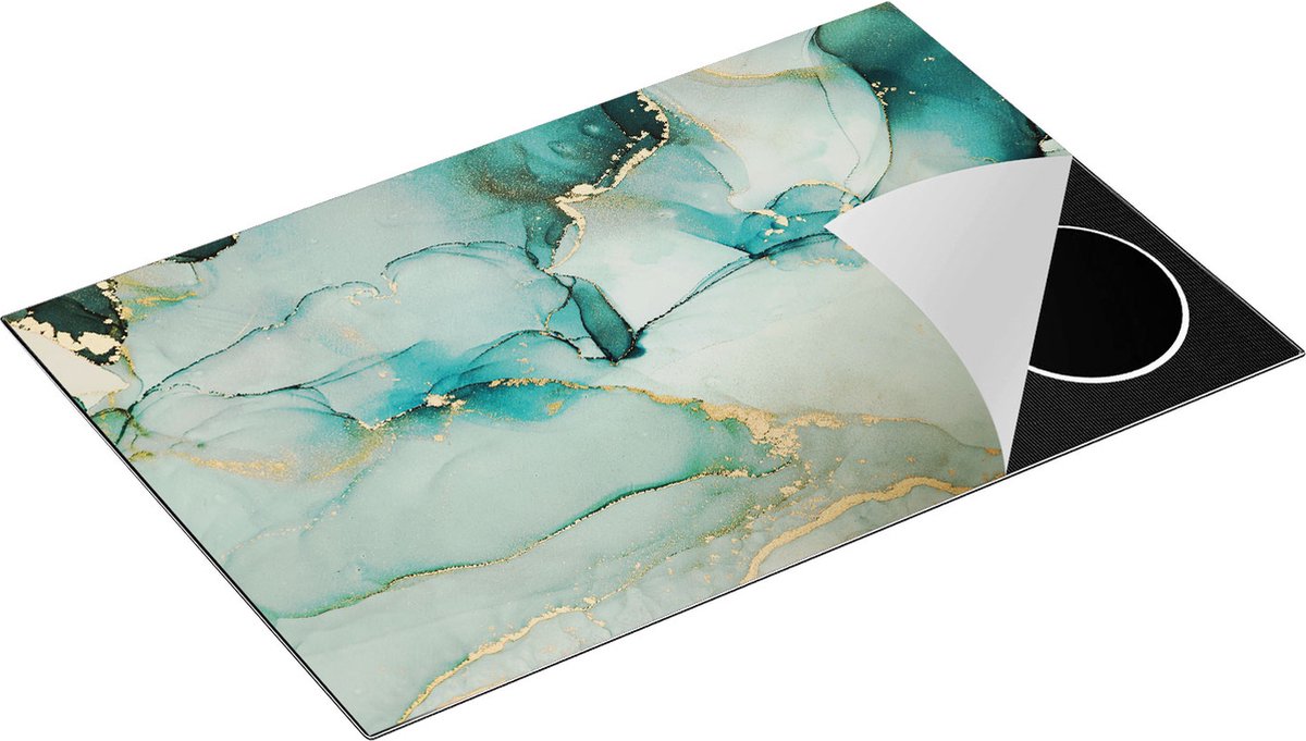 Chefcare Inductie Beschermer Abstracte Kunst - Blauwe Marmer met Goud - 80x52 cm - Afdekplaat Inductie - Kookplaat Beschermer - Inductie Mat