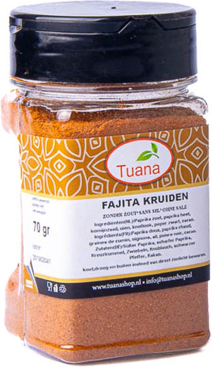 Goedkoopste Tuana Kruiden - Fajita Kruiden - Bakje 60 Gram - Kruiden Zonder Zout - KP0070