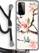 Case Company® - Hoesje met koord geschikt voor OnePlus 9 Pro hoesje met Koord - Japanse bloemen - Telefoonhoesje met Zwart Koord - Bescherming aan alle Kanten en Over de Schermrand