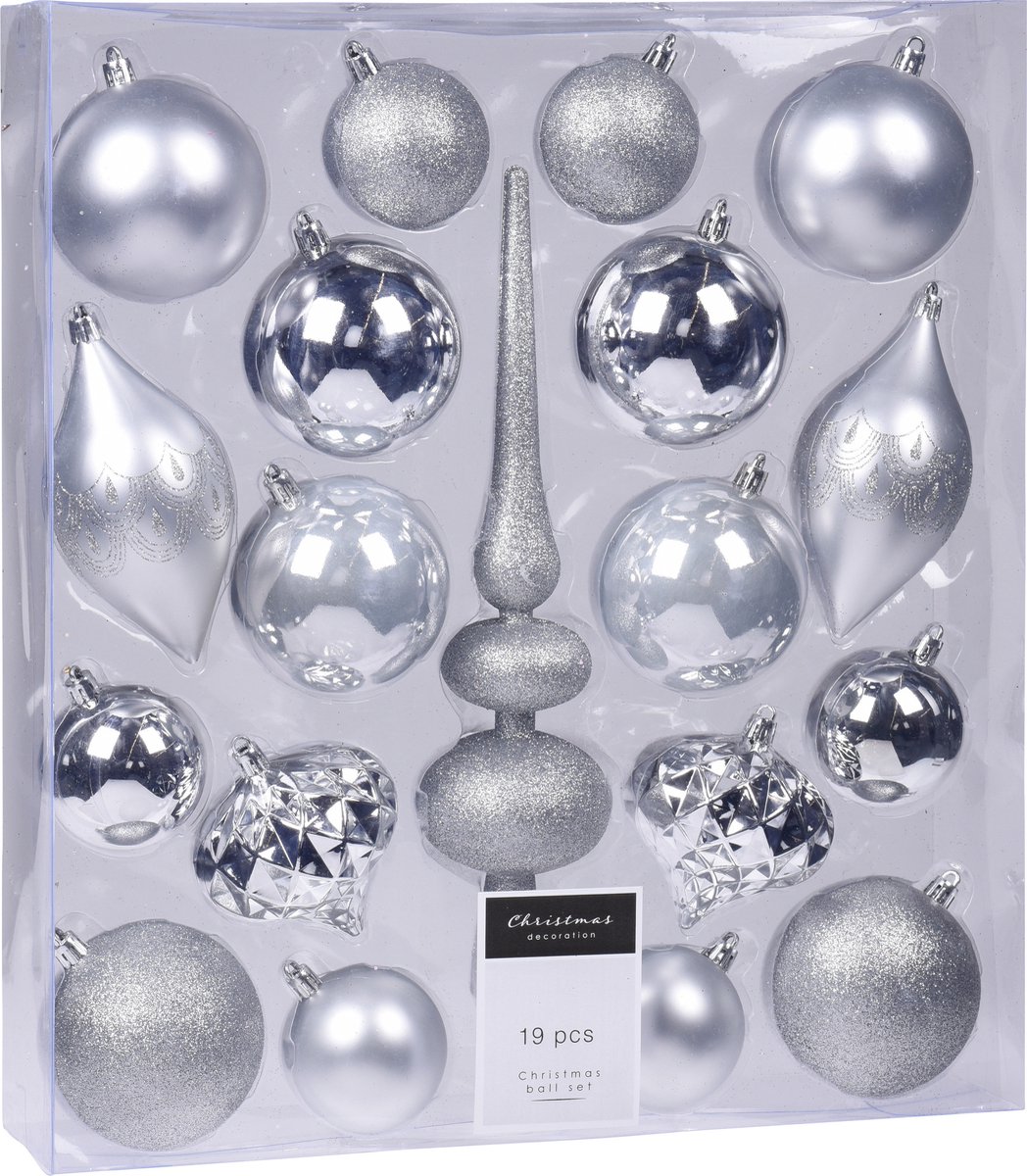 Christmas Decoration Kerstballen pakket - zilver - 18x st kerstballen - incl. piek - kerstversiering