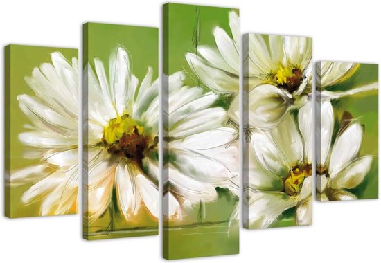 Trend24 - Canvas Schilderij - White Flowers - Vijfluik - Bloemen - 200x100x2 cm - Beige