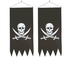 2x Zwarte piraten vlag met doodskop 86 cm - Piraten vlaggen - Piraat thema versiering horror/Halloween/Carnaval