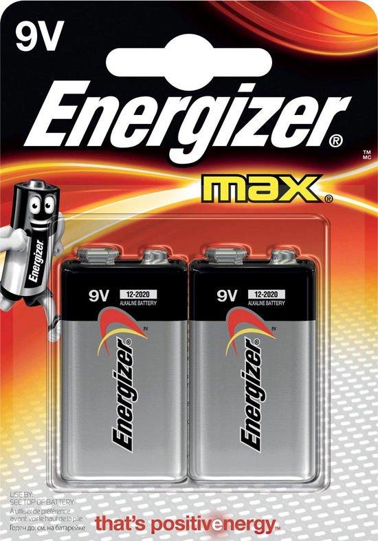 Emballage de deux piles alcalines 9V Energizer Max. Les piles sont grises avec des accents rouges et blancs. Le texte 'that's positive energy' est en bas.