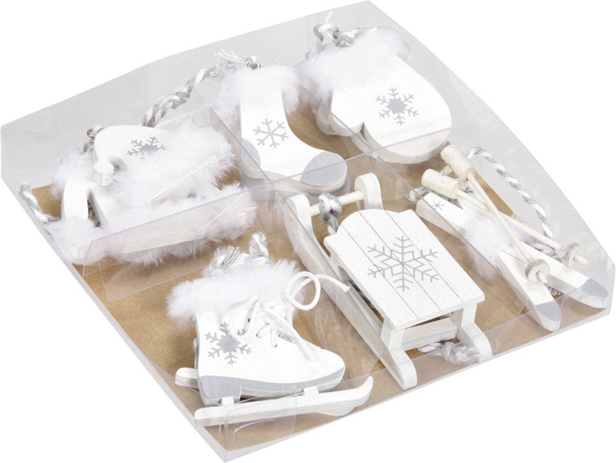 Othmar Decorations Kersthangers - wintersport thema - 6x - hout - wit - kerstboomversiering