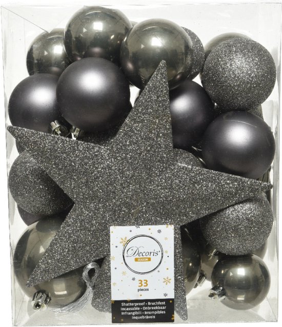 33x stuks kunststof kerstballen antraciet (warm grey) inclusief ster