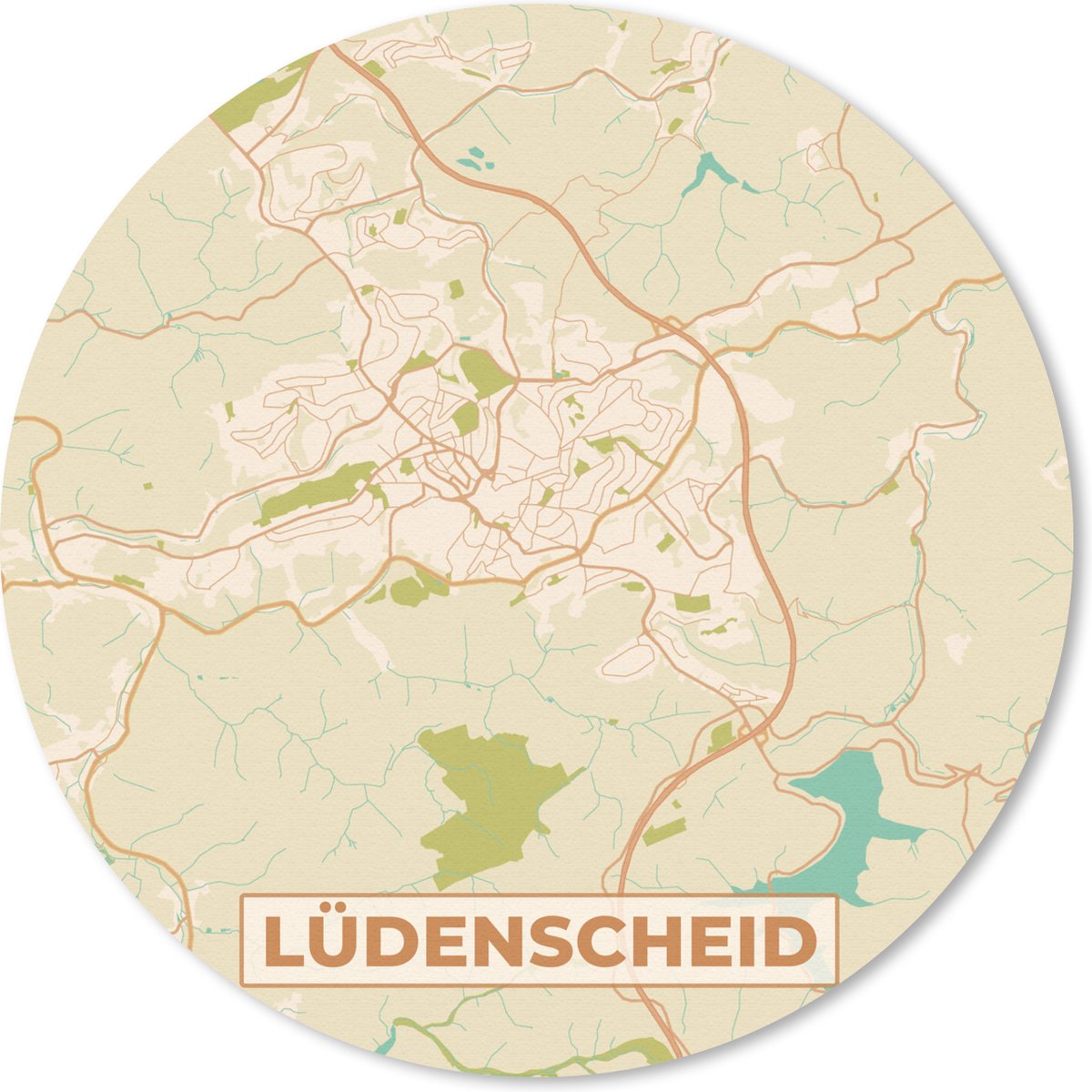 Muismat - Mousepad - Rond - Plattegrond - Lüdenscheid - Kaart - Stadskaart - Vintage - 50x50 cm - Ronde muismat
