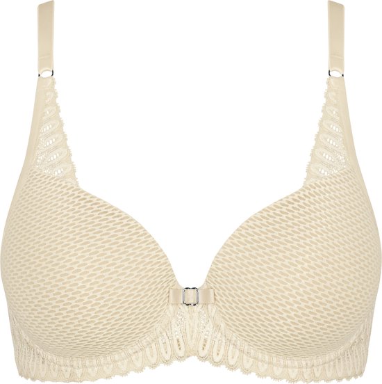 Soutien-gorge à armatures beige avec bonnets moulés, texture décorative et dentelle.