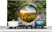 Spatscherm Keuken - Kookplaat Achterwand - Spatwand Fornuis - 100x65 cm - Zonnebloemen - Doorkijk - Bloemen - Zon - Aluminium - Wanddecoratie - Muurbeschermer - Hittebestendig
