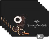 Placemat - Quotes - Spreuken - Coffee: the gasoline of life - Koffie - 45x30 cm - 6 stuks - Hittebestendig - Anti-Slip - Onderlegger - Afneembaar