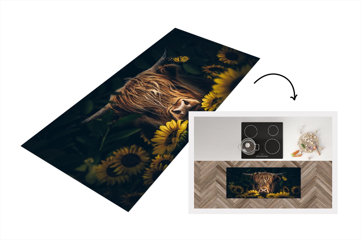 KitchenYeah Keukenloper - Loper keuken - Schotse hooglander - Bloemen - Koe - Botanisch - Dieren - 120x50 cm - Keukenloper vinyl Multicolor
