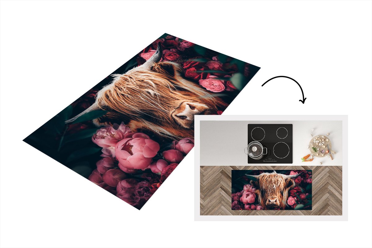 KitchenYeah Keukenloper - Loper keuken - Koe - Schotse hooglander - Bloemen - botanisch - 120x60 cm - Keukenloper vinyl Multicolor