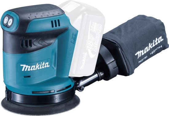 Turquoise Makita schuurmachine met 18V accu en zwarte stofzak.