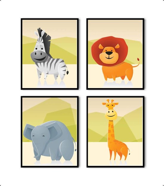 Poster Set 4 Safari Dikke Dieren Leeuw Giraffe Zebra en Olifant - 40x30cm/A3 - Baby / Kinderkamer - Muurdecoratie - Postercity