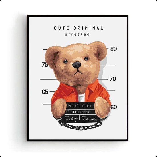 Poster Cute beer arrestatie in gevangenis - Art for kids / Stoere beer serie / Art for Kids - Premium / Dieren Poster / Babykamer - Kinderposter 70x50cm