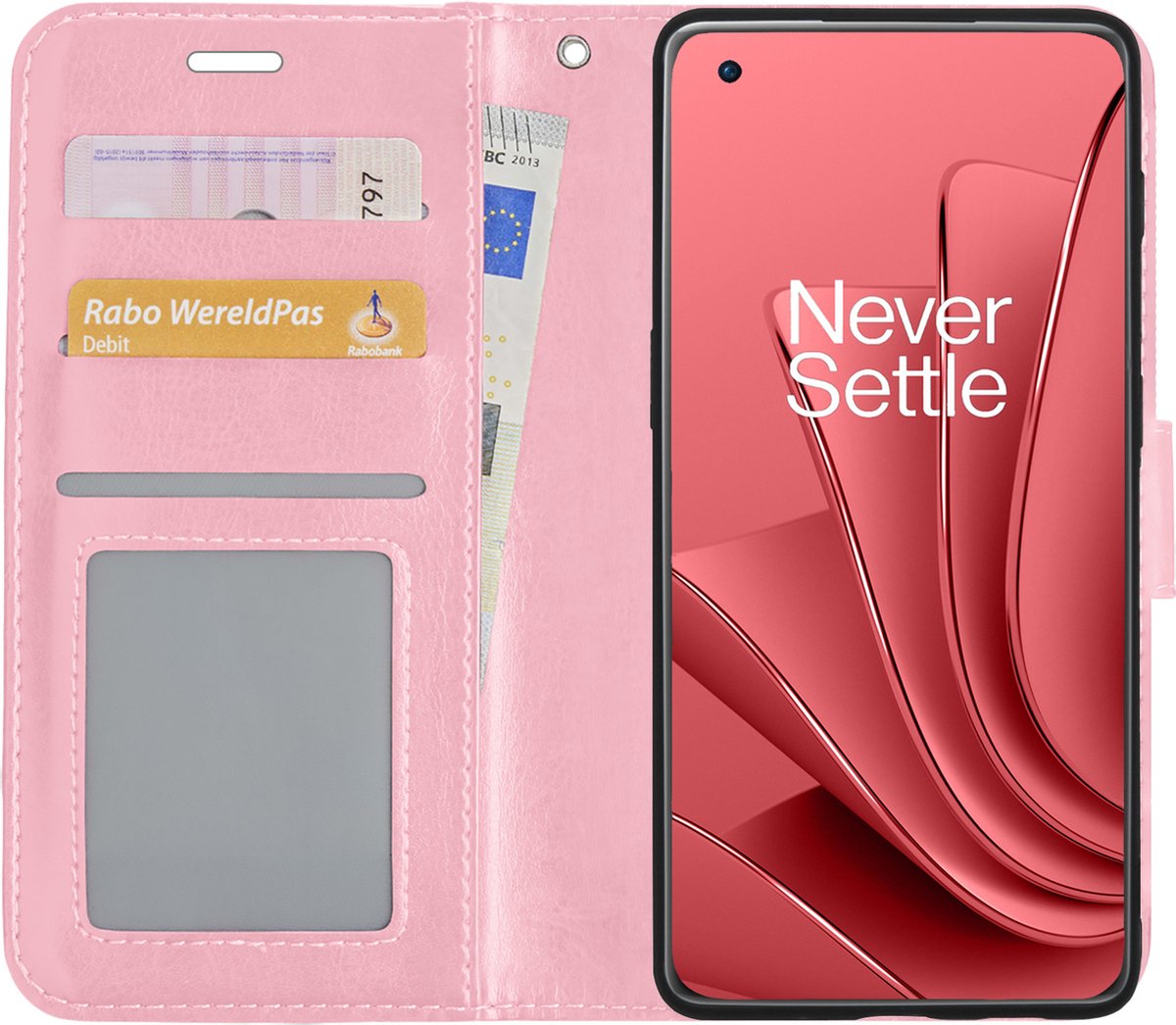 Hoesje - Met Pasjeshouder - Geschikt voor OnePlus 10 Pro - Luxe Bookcase Portemonee - Flip Case - Kunstleer Book Case - Flipcase - Book Cover - Walletcase - Portemonneehoes - Lichtroze