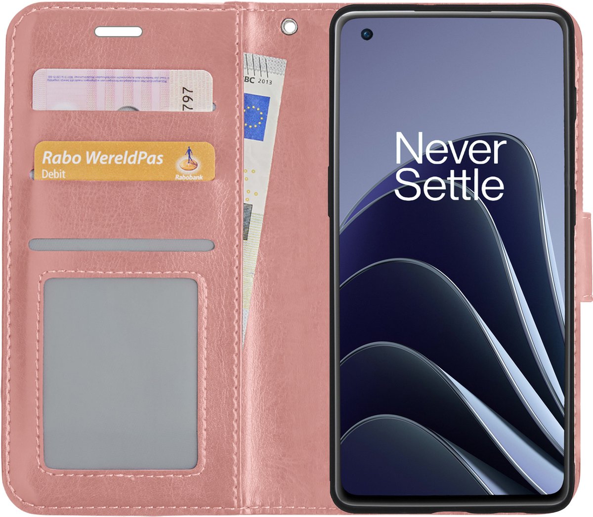 Hoesje Met Pasjeshouder - Geschikt voor OnePlus 10 Pro - Luxe Bookcase Portemonee - Flip Case - Kunstleer Book Case - Flipcase - Book Cover - Walletcase - Portemonneehoes - Rosé goud