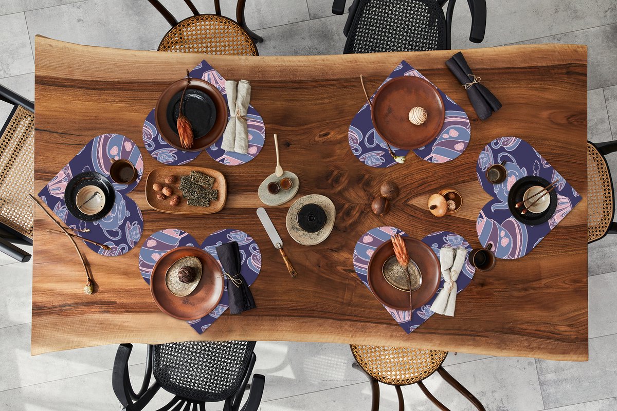Onderleggers - Placemats - Placemats hartje - Patroon - Thee - Kop - Theepot - 6 stuks