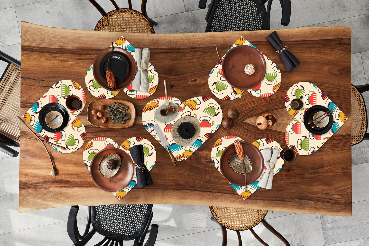 Onderleggers - Placemats - Placemats hartje - Design - Retro - Theepot - Kleuren - 10 stuks